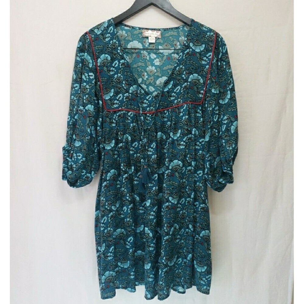 Band of the Free Teal Floral Tassel V-Neck Shift Dress Boho Chic Women's Size S